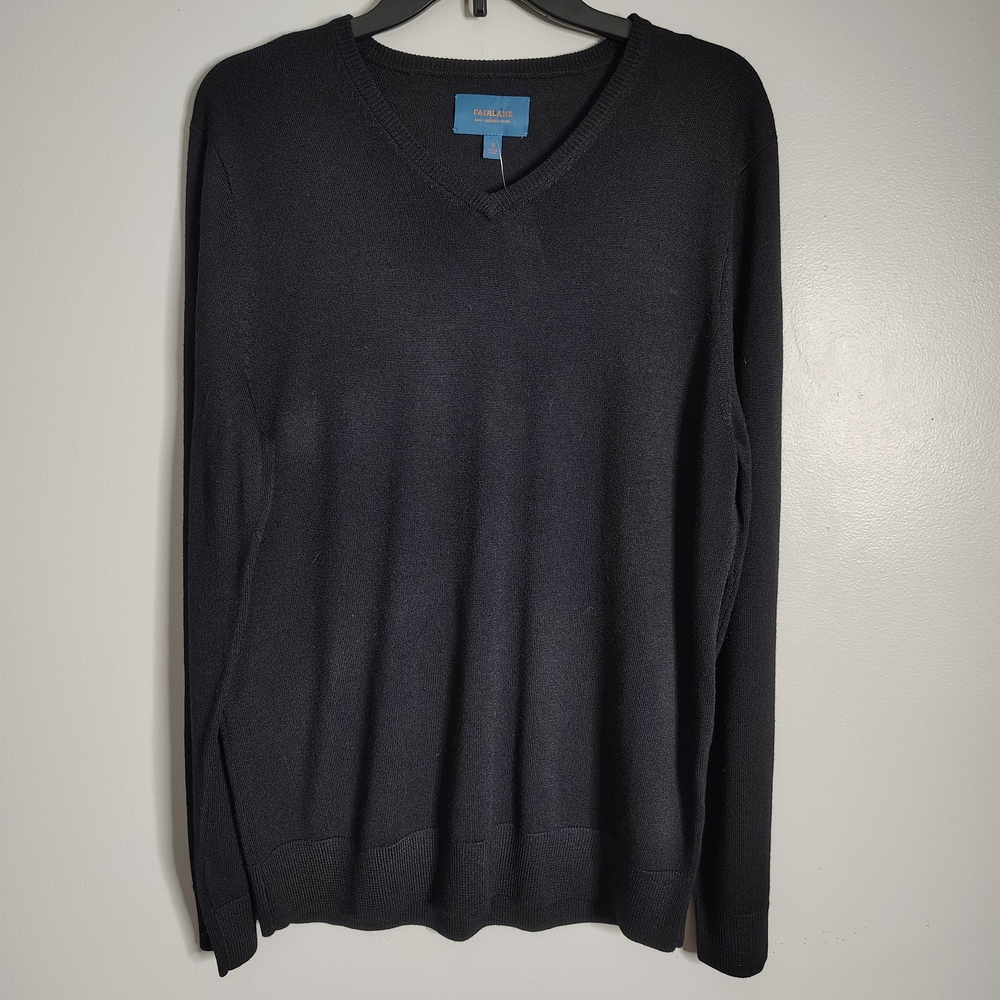 Fairlane Stitch Black Fix Dorian 100% Merino Wool Vneck Sweater Men's Medium New